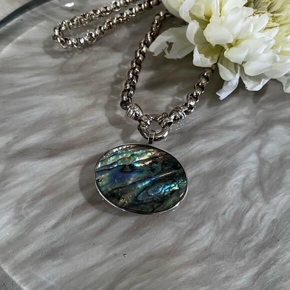 NEW Sterling Silver Large Abalone Shell Pendant Tahitian Peacock Pearl Necklace - Picture 11 of 16